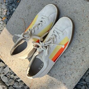 Rothy's Cream Knit Sneakers with Yellow and Orange Stripes